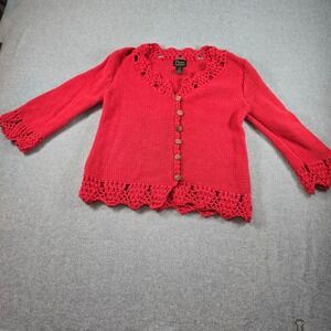 Pure Handknit Red Cotton Crochet Trim Cardigan Sweater Womens SM Wood Buttons